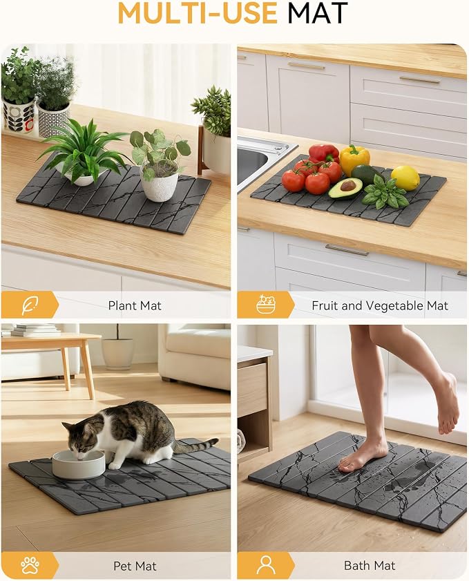 Yofidra Large Stone Dish Drying Mat for Kitchen Counter, Quick Dry Stone Mats with Absorbent Diatomaceous Earth, Foldable Roll Up Drying Organizer Pad for Utensils Plate, 24"×16", Dark Gray Marble