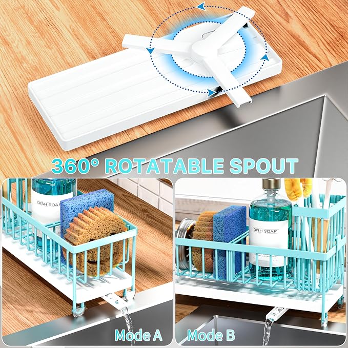 Cisily Sponge Holder for Kitchen Sink, Sink Caddy Organizer with High Brush Holder, Kitchen Countertop Organizers and Storage Essentials, Rustproof 304 Stainless Steel (Turquoise, 9.25″)