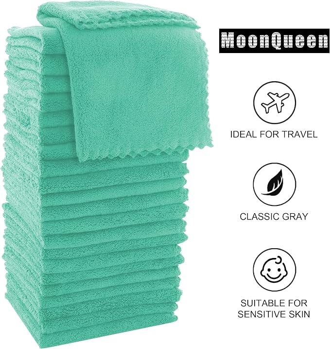 MOONQUEEN Ultra Soft Premium Washcloths Set - 12 x 12 inches - 72 Pack - Quick Drying - Highly Absorbent Coral Velvet Bathroom Wash Clothes (Aqua Green)