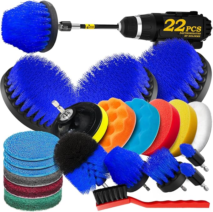 Holikme 22Piece Drill Brush Attachment Set - Power Scrubber Cleaning Kit | Buffing Sponges, Nylon Grout Tools, Microfiber Wax Pads, Tile Bathtub Shower Floors Kitchen Car Interior Detailing, Blue