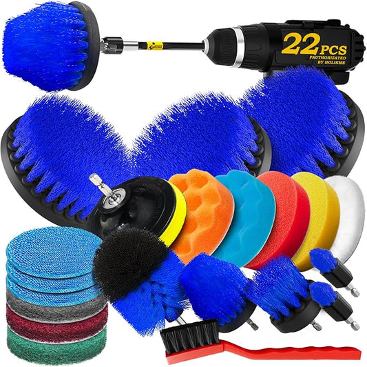 Holikme 22Piece Drill Brush Attachment Set - Power Scrubber Cleaning Kit | Buffing Sponges, Nylon Grout Tools, Microfiber Wax Pads, Tile Bathtub Shower Floors Kitchen Car Interior Detailing, Blue