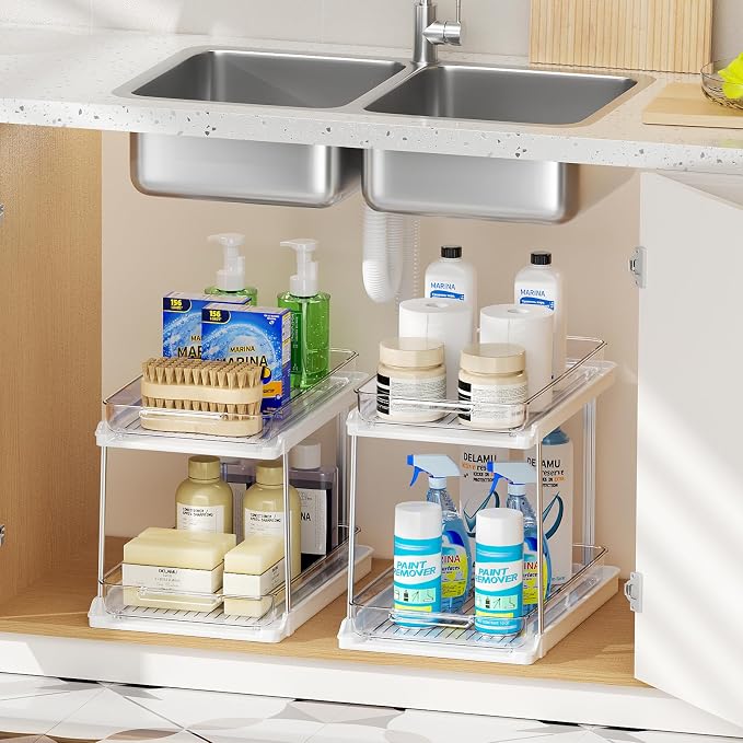 Delamu 2-Tier Bathroom Under Sink Organizers and Storage, Pull Out Cabinet Drawers with Anti-Slip Design, Multi-Purpose Storage for Kitchen, Pantry, Bathroom & Home Organization, White, 1 Pack