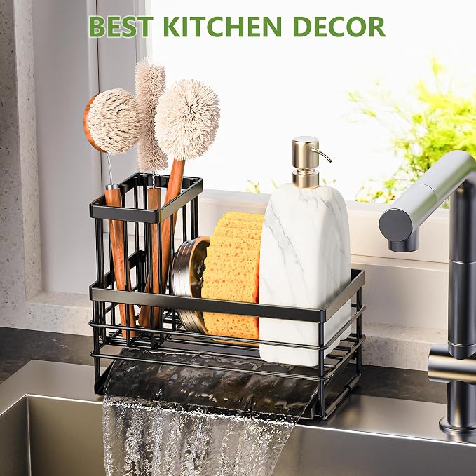 Cisily Sink Caddy Sponge Holder for Kitchen with Brush Holder and Stainless Steel Self Drain Tray, Rustproof Kitchen Sink Organizer for Sponge, Soap Dispenser Storage Accessories