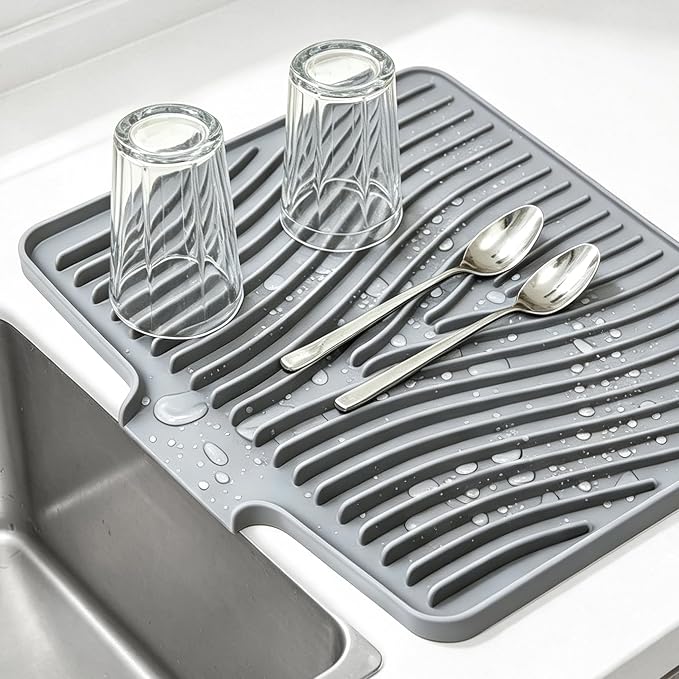EBIGIC Silicone Dish Drying Mat,15.7"*13"Dish Drying Pad,Kitchen Accessories,with Built-In and Non-Slip Drain,Easy Clean, Fit for Kitchen, Bar, RV, Refrigerator and Drawer Liner, Grey