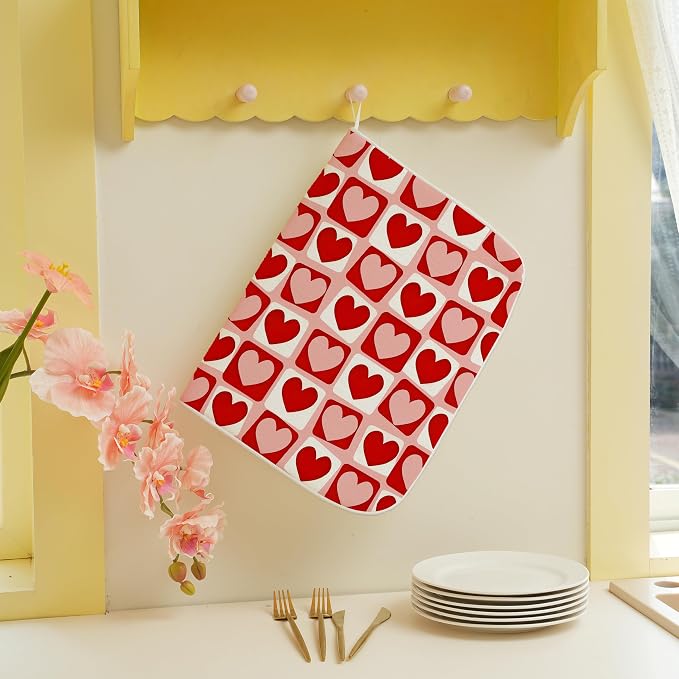 Valentines Day Dish Drying Mats 18x24 Inch Pink Red Heart Plaid Drying Mats Anniversary Holiday Checkered Valentines Decorations Absorbent Drying Dish Mats for Kitchen Dining Room Counter Decor