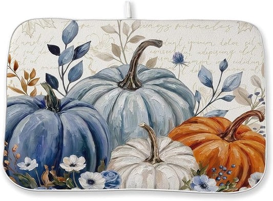 Fall Dish Drying Mat 18x24 Inch Blue Orange Pumpkin Leaves Fall Decor Drying Mat Autumn Harvest Thanksgiving Holiday Absorbent Dish Drying Pad Dish Rack Drainer Mats for Kitchen Dining Counter
