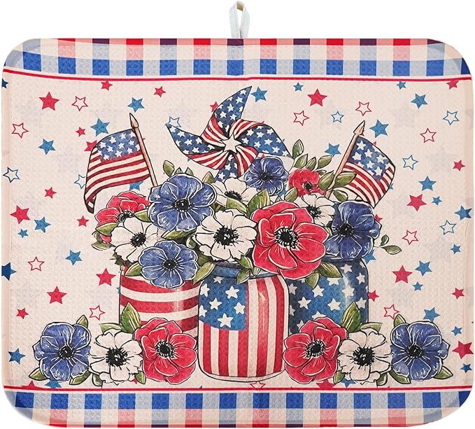 Dish Drying Mat for Kitchen Counter 18x24 Inch, Super Absorbent Dish Drainer Mat, Decorative Microfiber Dishes Drying Pad-Large(Flag and Star)