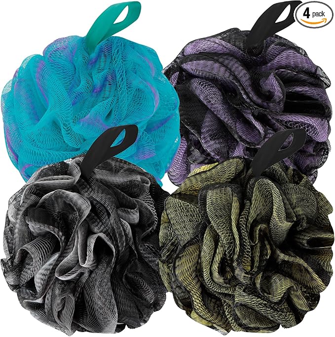 BCKENEY Bath Loofah Shower Sponge Body Back Scrubber Soft Mesh Shower Puffs Exfoliating Loofa for Women & Men Bath Accessories Cleaning Tool (Pack of 4 60G Loofah, Dark Elf)