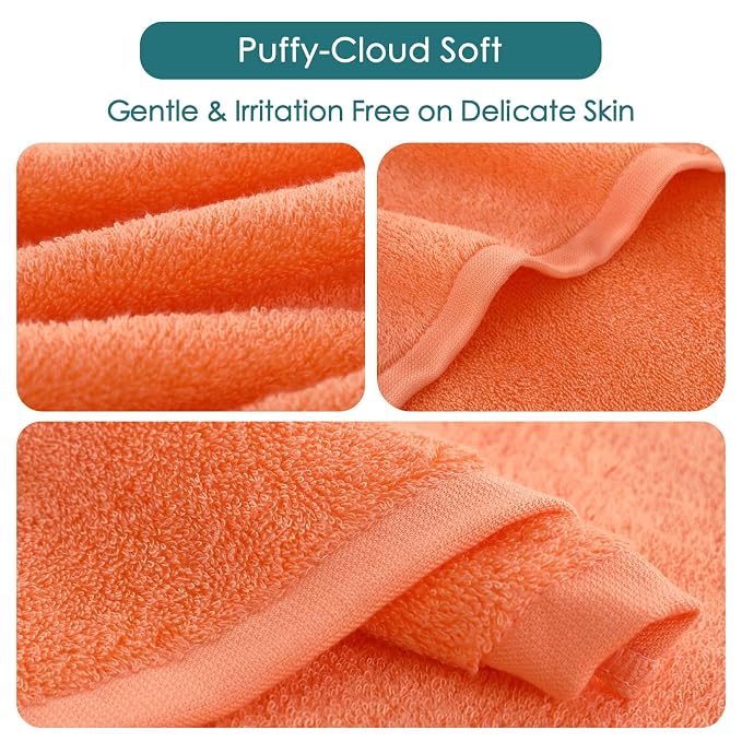 Wash Cloths 12 Pack,Face Towel for Sensitive Skin,13''x13'',White+Orange | 100% Viscose,Women Makeup Removal,Extra Soft,Gently Wash Face & Body,Fast Dry,Hanging Loop,Face Cleansing,Bathroom,Travel Use