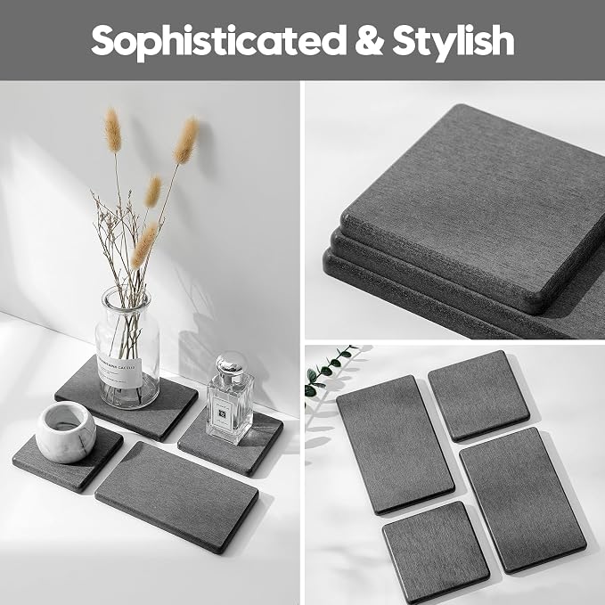 4PCS Water Absorbing Sponge Holder Diatomite Stone Sink Tray Mat, Quick Drying Kitchen & Bathroom Counter Tray Vanity Caddy, Diatomaceous Earth Dish Soap Dispenser Organizer, Dark Gray