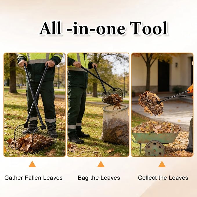 Metal Leaves Rakes with Long Handle, Lightweight Leaf Collector for Gardening, Leaf and Grass Picker Upper Tool, Ideal for Yard Shrub Cleanup