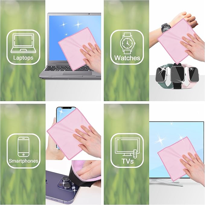 Eco-Fused Microfiber Cleaning Cloths Double-Sided - 5 Pack - 6.6 x 6.2 inch - Microfiber and Suede Cloth for Smartphones, LCD TV, Tablets, Laptop Screens, Camera Lenses (Pink)