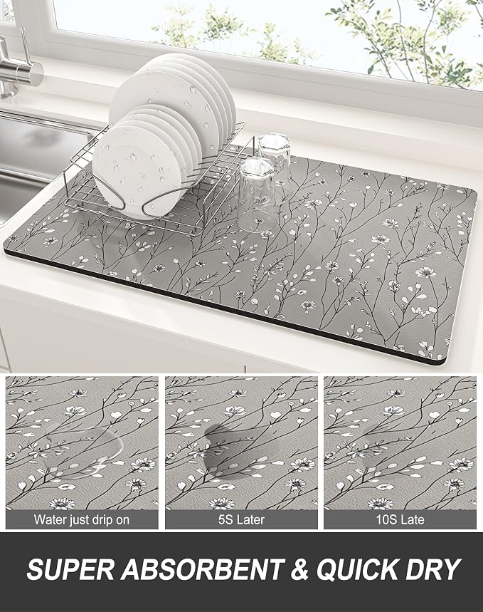 Rnivvi Dish Drying Mat for Kitchen Counter, XL 15 x 24" Cute Flower Theme Absorbent Draining Pad, Non-Slip Heat Resistant Coffee Bar Mats for Coffee Machine Station Accessories, Grey Dish Rack Pad
