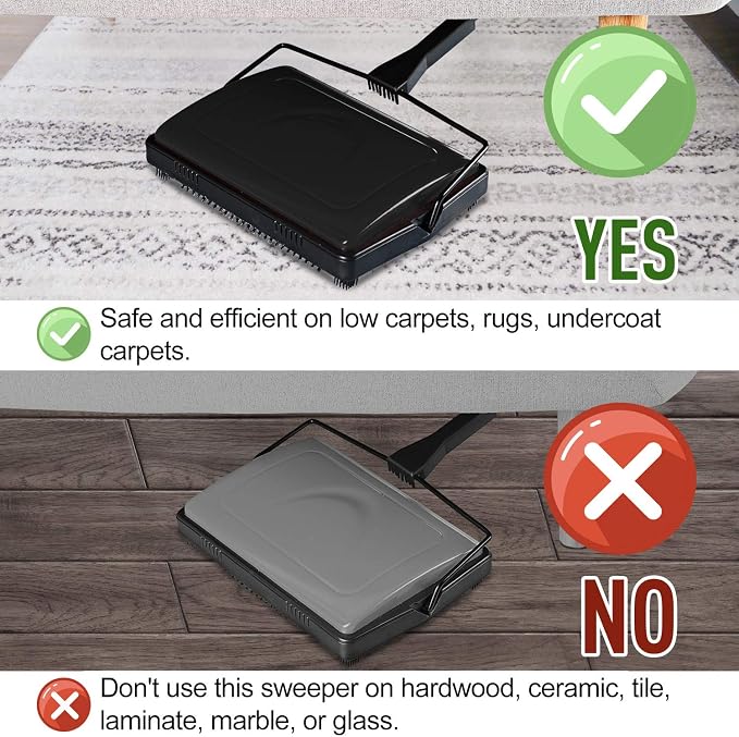 Yocada Carpet Sweeper Cleaner Manual Hand Push Non-Electric Black | for Home Office Low Carpets Rugs Undercoat Carpets Pet Hair Dust Scraps Paper Small Rubbish Cleaning with a Brush