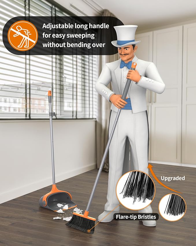 MR.SIGA Broom and Dustpan Set with Adjustable Long Handle, Gray & Orange | Stand upright broom with dustpan combo for home, office and garage easy sweeping and storage. 51.7"(131 cm) broom handle