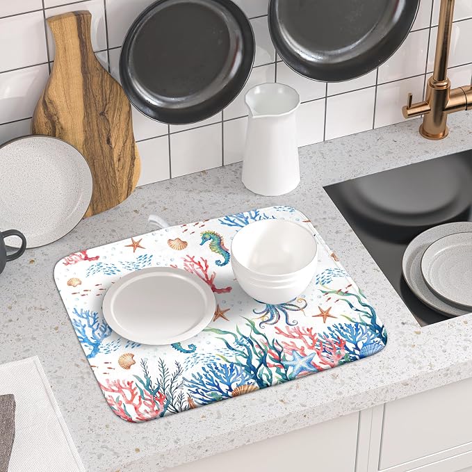 Giwawa Coastal Ocean Dish Drying Mat Seahorse Whales Drainer Rack Mats 16"x18" Absorbent Microfiber Dish Drying Pad Protector for Kitchen Counter