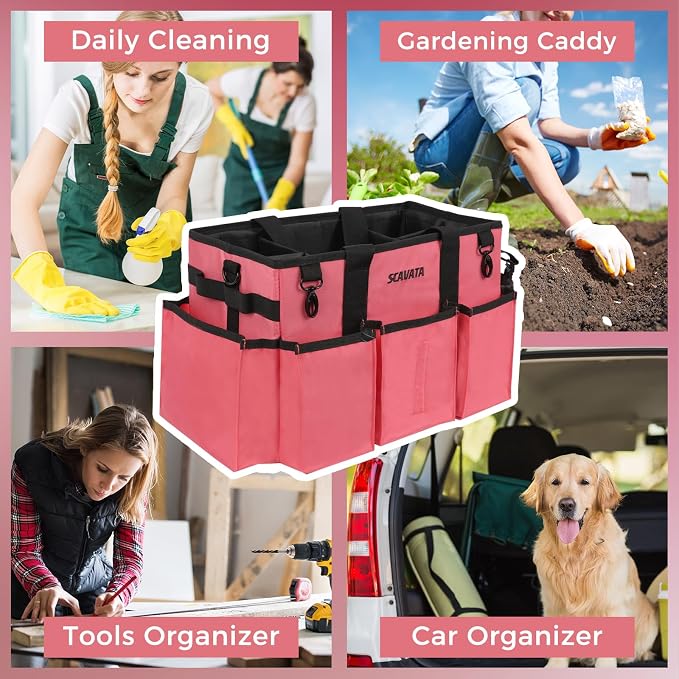 SCAVATA Wearable Cleaning Caddy Bag, Cleaning Caddy Supplies Organizer with Handle & Shoulder Straps for Housekeepers, Under Sink & Car Cleaning Tool Organizers with 4 Foldable Divider (RoseRed)