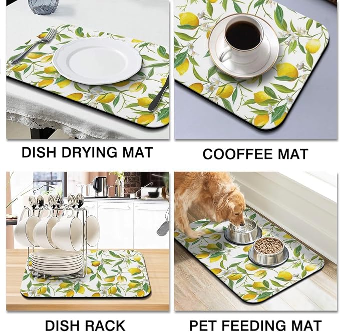 Dish Drying Mat 2-Pack with Lemon for Kitchen Counter Absorbent Dishes Mat | Diatom Mud Mats (18x24, 19.5x12"). Non-slip rubber back for kitchen counter, coffee bar & sink scenes