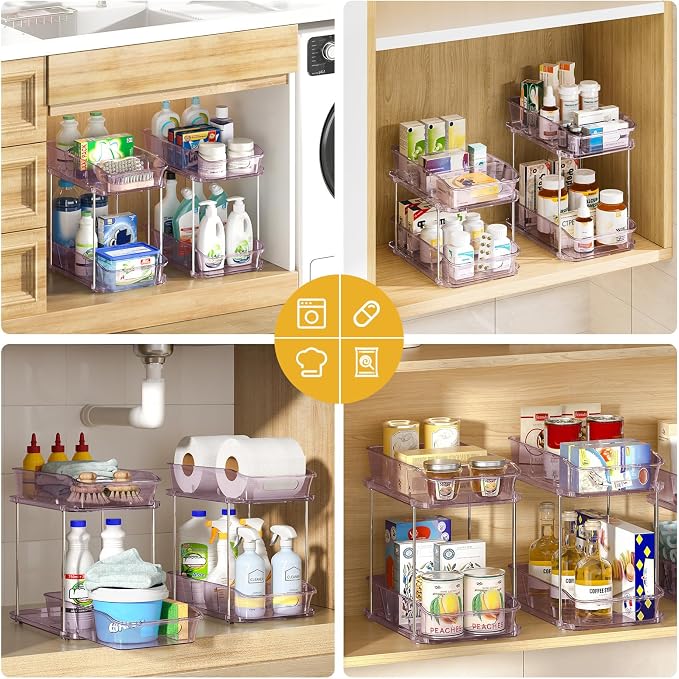 Delamu 2-Tier Under Sink Organizers and Storage, Multi-Purpose Stackable Bathroom Cabinet organizers, Pull Out Kitchen Pantry Organization and Storage with Dividers(2 Pack, Purple)