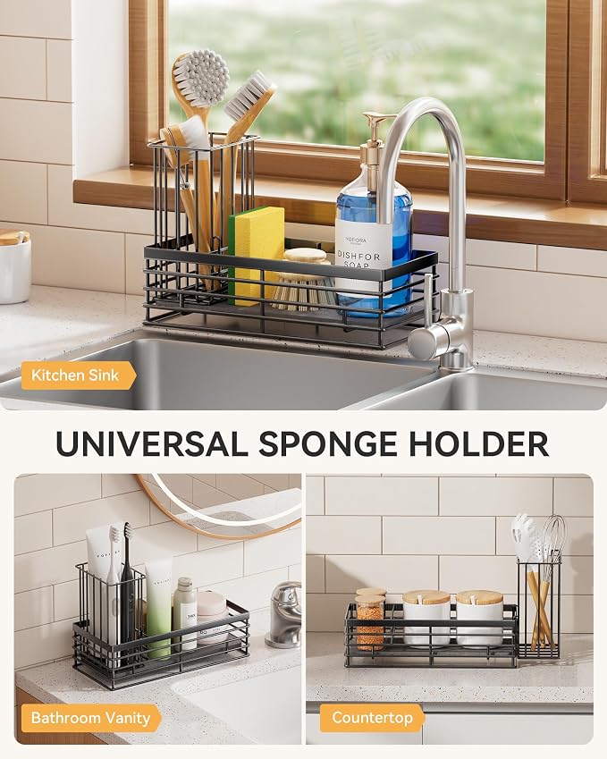 Yofidra Sponge Holder for Kitchen Sink, Sink Caddy Organizer with Stone Drying Mat, Kitchen Countertop Organizers and Storage Essentials, 304 Stainless Steel (Black, 9.29″ L)