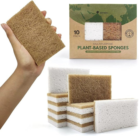 AIRNEX Biodegradable Natural Kitchen Sponges Pack of 6 - Cellulose and Coconut Walnut Scrubber Sponge - Eco Friendly Sponges for Dishes