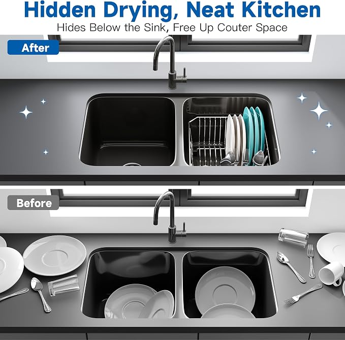 JASIWAY in Sink Dish Drying Rack, Stainless Steel Small Dish Drainer | Perfect Fit 12"x14" Double Bowl Sink, Counter Space Saving for Kitchen, Apartment, Sturdy Dish Dryer with Utensil Holder