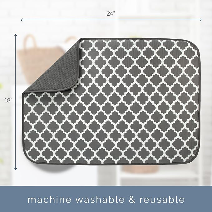 S&T INC. Dish Drying Mat XL, 18” x 24”, Absorbent Microfiber Kitchen Counter Mat, Dish Drying Pad for Dishes, Utensils, Pots and Pans, Extra Large, Pewter Grey Trellis