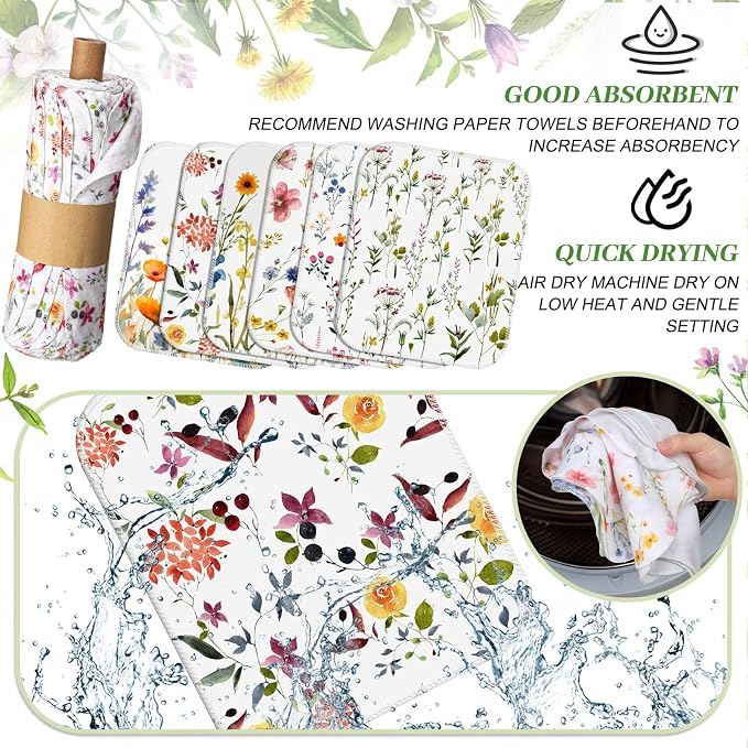 18 Pack Reusable Cleaning Cloths Washable Cotton Kitchen Dish Towels for Home Party Supplies Bulk, 9.84x11.81in (Wildflowers)