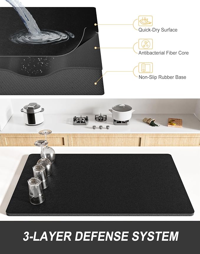 Rnivvi Dish Drying Mat for Kitchen Counter, 12 x 19" Super Absorbent Drainer Pad Easy Clean Dish Rack Pad, Non-Slip Heat Resistant Coffee Bar Mats for Coffee Machine Station Accessories Decor, Black