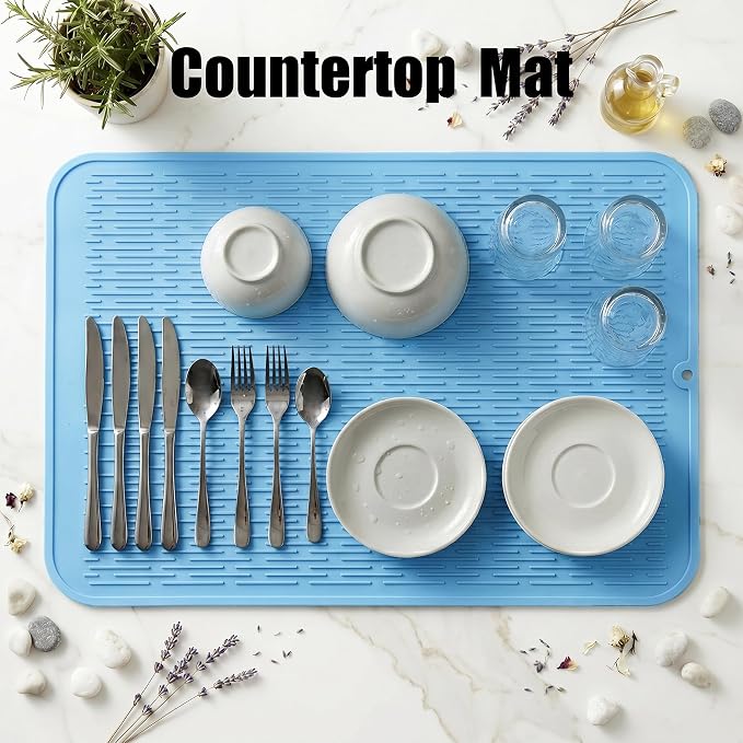 MicoYang Silicone Dish Drying Mat for Multiple Usage,Easy clean,Eco-friendly,Heat-resistant Silicone Mat for Kitchen Counter or Sink,Refrigerator or Drawer Liner Light Blue 4XL 32 inches x 18 inches