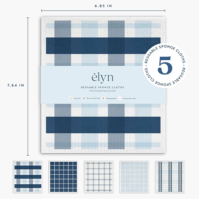 ELYN Swedish Dishcloths, Reusable & Washable Sponge Cloths, Absorbent Cleaning Paper Towels for Kitchen, Dishes, Counters and More, 5 Pack, Assorted Stripe & Plaid