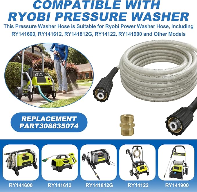 25FT Pressure Washer Hose for Ryobi Power Washer Hose | Replacement Part 308835074 for Ryobi Electric Power Washers RY141600 RY141612 RY141812G With M22 Quick Connector