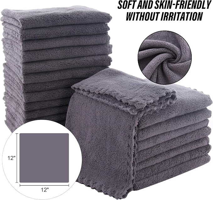 MOONQUEEN Ultra Soft Premium Washcloths Set - 12 x 12 inches - 24 Pack - Quick Drying - Highly Absorbent Coral Velvet Bathroom Wash Clothes - Use as Bath, Spa, Facial, Fingertip Towel (Grey)