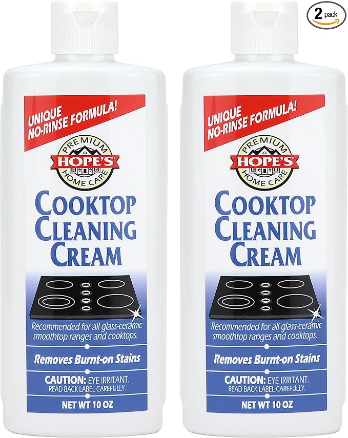 HOPE'S Cooktop Cleaning Cream, Fast Acting, No-Rinse Cooktop Cleaner for Glass Top Stoves, Polishes and Removes Burnt-on Stains Easily on Glass Ceramic Cooktops, 8 Fl Oz, Pack of 2
