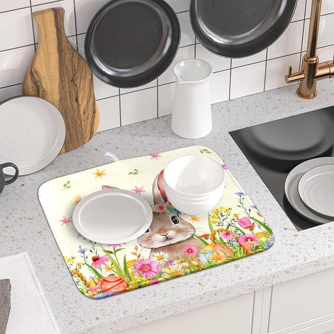 Easter Dish Drying Mat for Kitchen Counter Spring Easter Holiday Dish Drying Mat 16X18 Inch Reversible Absorbent Dish Pad Spring Wildflowers Dishes Drainer Pad Dish Drying Rack Mat for Countertop