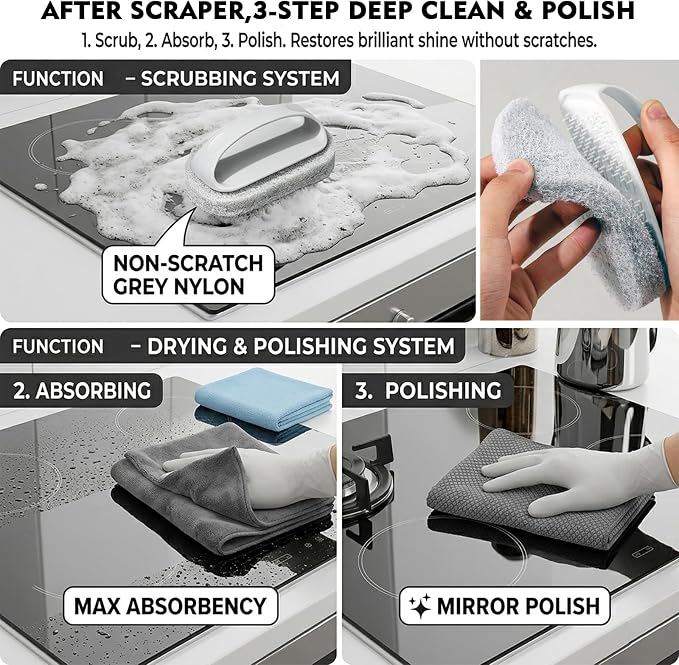 Glass Cooktop Cleaning Kit,4-in-1 Scraper with 20 Blades, Non-Scratch Dish Brush with Absorbent Cloth&Storage Bag–Stove Top Deep Cleaning Set for Kitchen Ceramic, Halogen, Gas Stove & Glass Surfaces