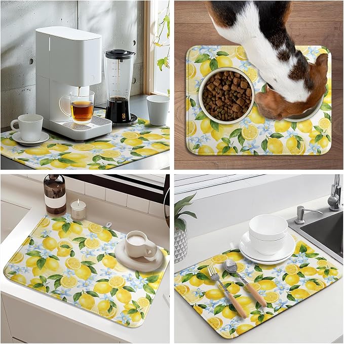 Kawani Lemon Dish Drying Mat 18x24 Inch Absorbent Reversible Summer Drying Mat Floral Lemon Fruits Dish Drying Rack Mat Yellow Summer Themed Dish Drainer Mat for Kitchen Counter Coffee Bar