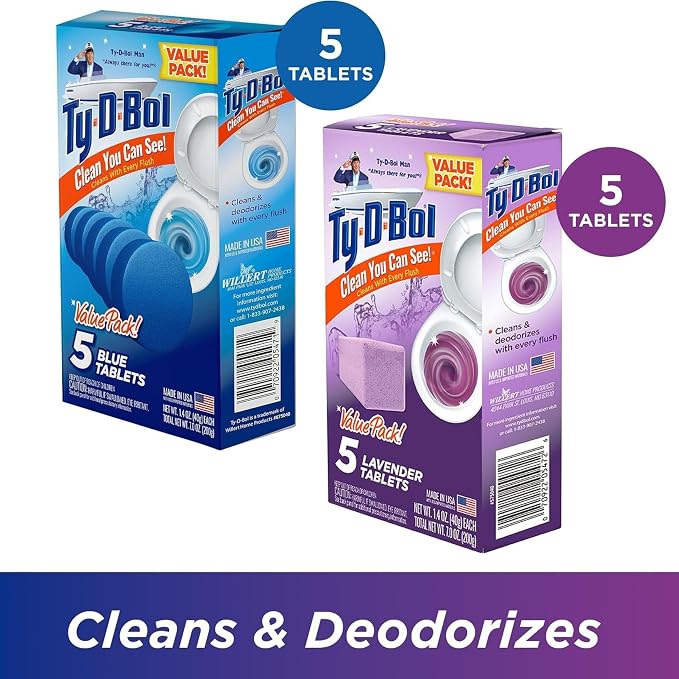 Ty-D-Bol Bleach-Free Toilet Bowl Cleaner Tablets, Lavender & Blue, 10 Pack | 1.4 oz, Fights Hard Water Stains, Fights Mineral Buildup, Fights Limescale, Variety Pack of 10 tablets