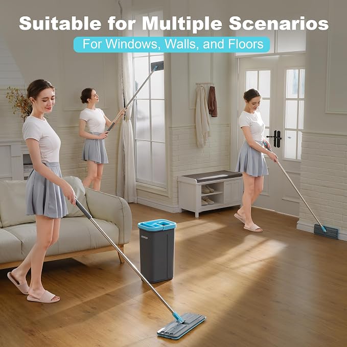 JOYMOOP Microfiber Replacement Pads for Flat Mop System, 13" Mop Head Refills Compatible with JOYMOOP Bucket Set, 4-Pack, Grey and Cyan Blue