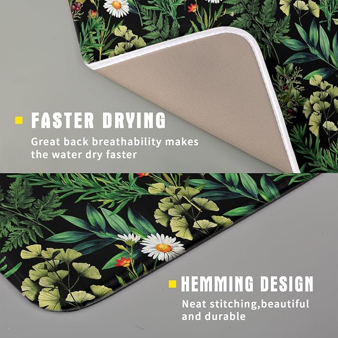 Green Botanical Dish Drying Mat 16x18 Inch Plant Leaf Fast Dry Dish Drainer Rack Mats Absorbent Microfiber Protector for Countertops Sinks