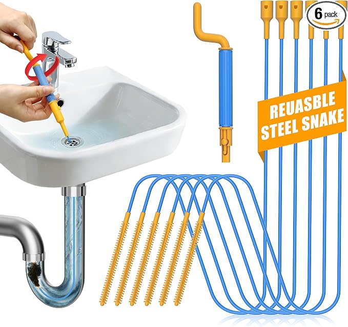 EastLink 30-Inch Reusable Drain Snake Hair Drain Clog Remover 6 Pack, Anti-Break Steel Sink Snake Drain Hair Removal Tool with Rotating Handle, Drain Cleaner Tool for Bathroom Sink, Shower, Bathtub