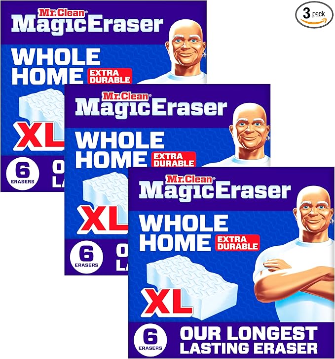 Mr. Clean Magic Eraser Sponge, All Purpose Cleaner, Long Lasting Cleaning Scrubber,Wall,Sneaker,Oven, Kitchen, Bathroom Cleaner, Shower Cleaning Supplies, Whole Home Extra Durable XL, 6ct (Pack of 3)