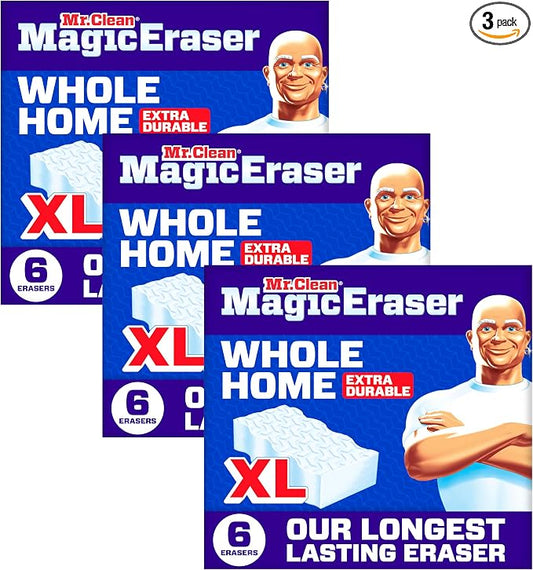 Mr. Clean Magic Eraser Sponge, All Purpose Cleaner, Long Lasting Cleaning Scrubber,Wall,Sneaker,Oven, Kitchen, Bathroom Cleaner, Shower Cleaning Supplies, Whole Home Extra Durable XL, 6ct (Pack of 3)