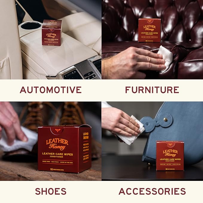 Leather Honey Conditioner Wipes – Restore Leather On-The-Go, 10 Wipes | Non-toxic, trusted since 1968 & made in the USA. Protect & condition any color leather – couches, car seats, shoes & bags.