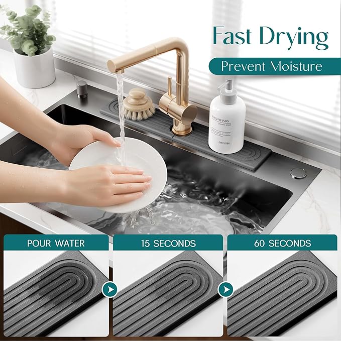 eormoe Diatomite Stone Sink Candy - Instant Dry Stone Sink Tray around Faucet, Prevents Moisture Buildup - Faucet Splash Guard for Bathroom Counter (Dark Grey, 20" x 3.9")