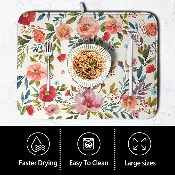 Floral Dish Drying Mat for Kitchen Counter Absorbent Microfiber Dishes Drying Pad Cute Flowers Dish Drainer Rack Mats Washable Coffee Sink Mat Extra Large 18"x24" Dish Mat