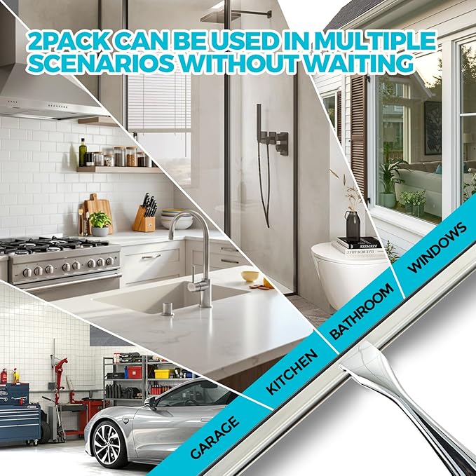 ALFLOD 2pcs Shower Squeegee for Glass Doors with Adhesive Hanging Hook Set | 12” silver, bathroom accessories, window cleaner, new home essentials, soft rubber blade, metal handle, ergonomic grip