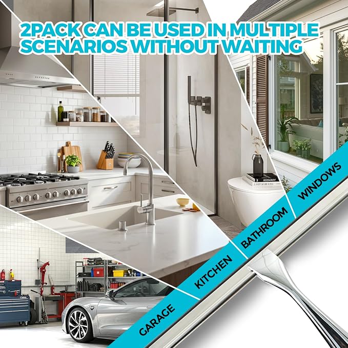 ALFLOD 2pcs Shower Squeegee for Glass Doors with Adhesive Hanging Hook Set | 9.9” silver, bathroom accessories, window cleaner, new home essentials, soft rubber blade, metal handle, ergonomic grip