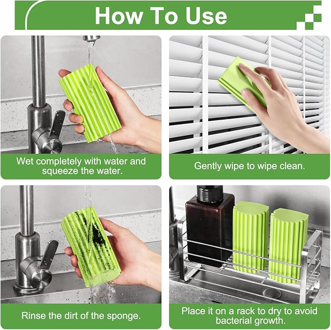 Jeymei Damp Clean Duster Sponge,4Pcs Green Dust Sponge for Cleaning | Damp Dusting Sponge with Ridges,Baseboard Cleaning Tool,Reusable Wet Duster Sponge,Household Cleaning Sponges for Blinds