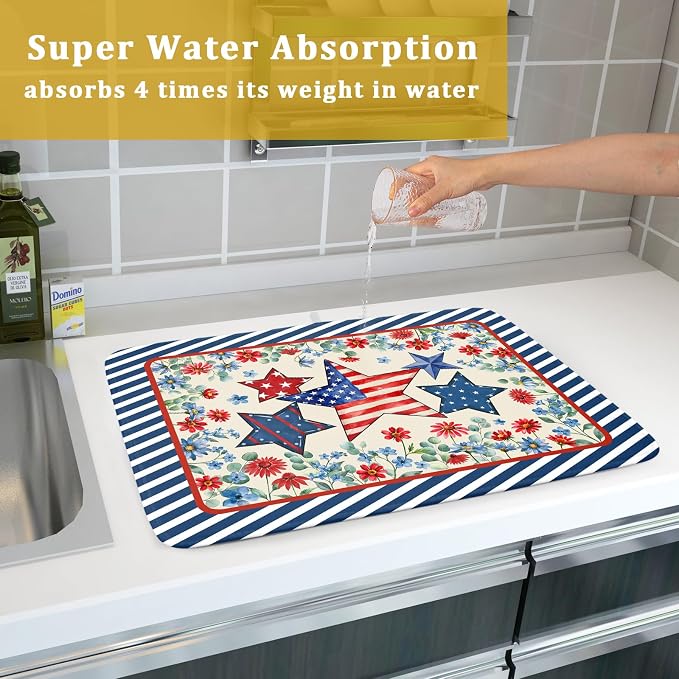 Patriotic Stars Dish Drying Mat for Kitchen Counter 4th of July Holiday Absorbent Reversible Microfiber Dish Pad Large